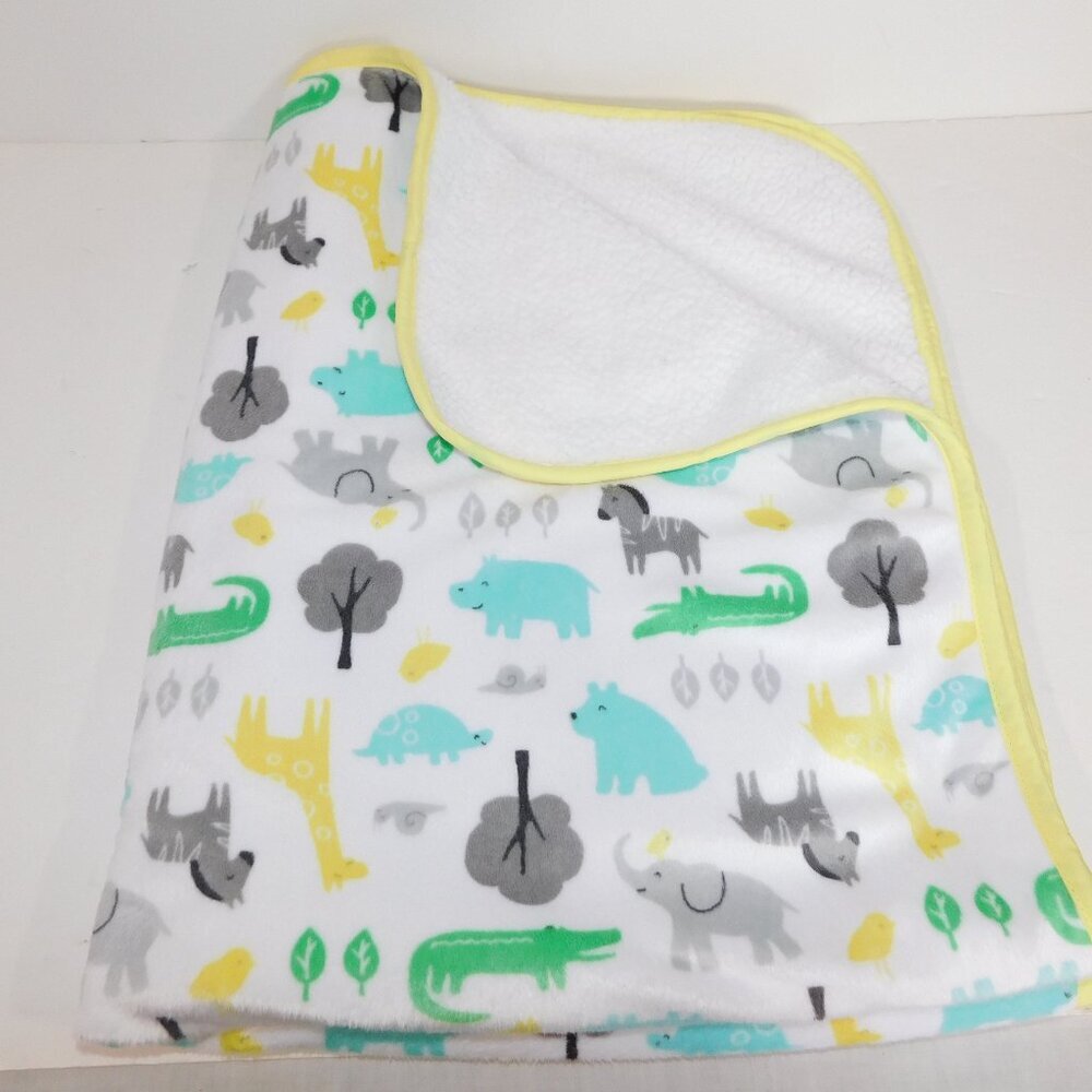 Carters Jungle Safari Animals Blue Yellow Green Velour Sherpa Baby Blanket